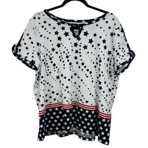 Allison Daley White Navy Red Star Print Short Sleeve Blouse